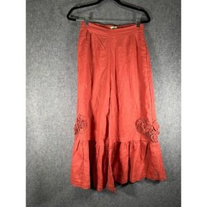 Four Seasons Women Coral Linen Blend Wide Leg Ruffle Flower Cropped Pants Size M